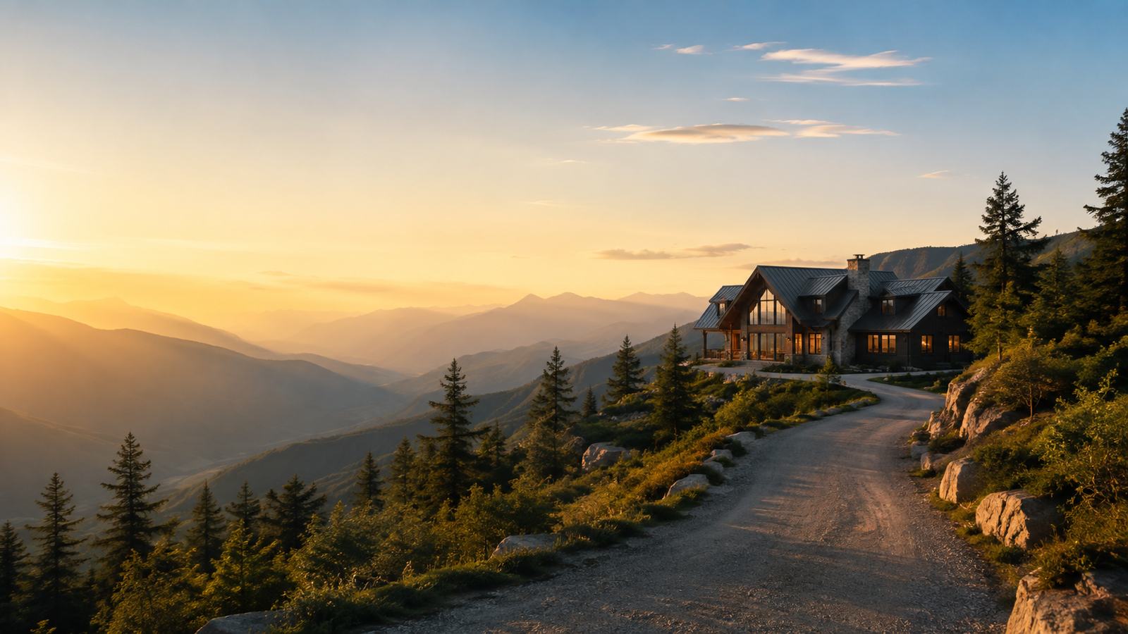 A home at the end of a winding drive at golden hour, its windows lit, with mountains behind it.