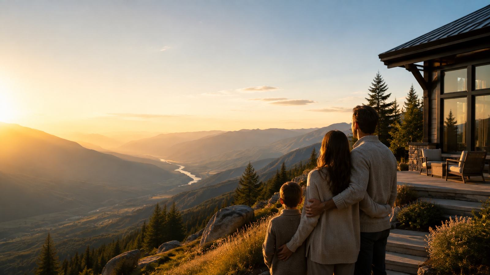 A family looking out over a valley at sunrise from the deck of a house.